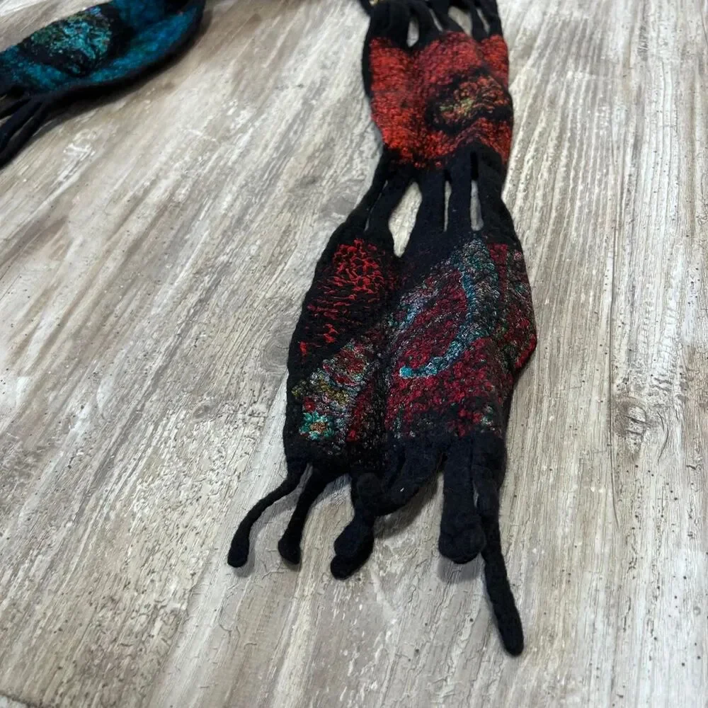 Handmade boho, avant-garde artisan felted scarf with patchwork design and fringe